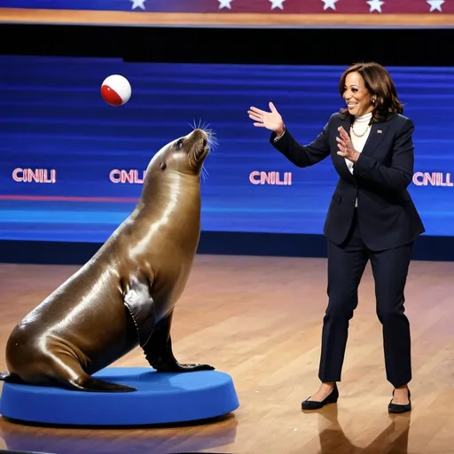 Prompt: A seal (the animal) on stage next to Kamala Harris.  The seal is juggling balls
