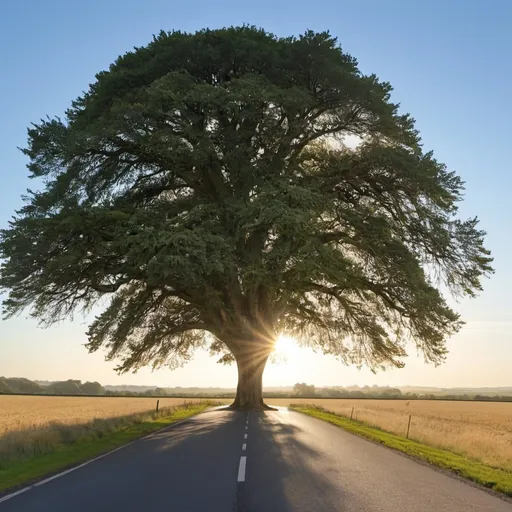 Prompt: A large beautiful tree, in the middle of the road reaching to the horizon.  Lots of sunshine too