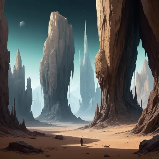 Prompt: Title: Silent Echoes

A distant, uncolonized planet far from known space, with harsh but survivable conditions. The planet's surface is a mix of alien landscapes—towering cliffs of crystalline rock, vast deserts of fine, shimmering sand, and dense forests of towering, bioluminescent trees. The atmosphere is breathable, but with strange, unfamiliar scents and an eerie stillness.

Mountains with cliffs of crystalline rock. The cliffs look like different gemstones and crystals.