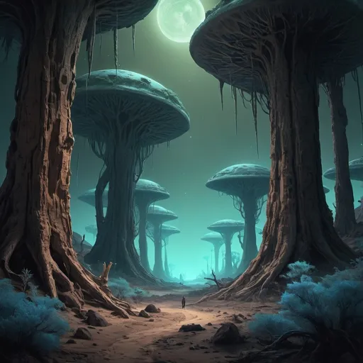 Prompt: Title: Silent Echoes

A distant, uncolonized planet far from known space, with harsh but survivable conditions. The planet's surface is a mix of alien landscapes—towering cliffs of crystalline rock, vast deserts of fine, shimmering sand, and dense forests of towering, bioluminescent trees. The atmosphere is breathable, but with strange, unfamiliar scents and an eerie stillness.

Forest with bioluminescent trees. 