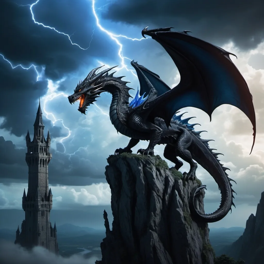 Prompt: A black dragon perched atop a tall and dark tower. A small dragon rider visible on it's back with accents of blue lightnight in the sky beyond. Add an elf riding the dragon.