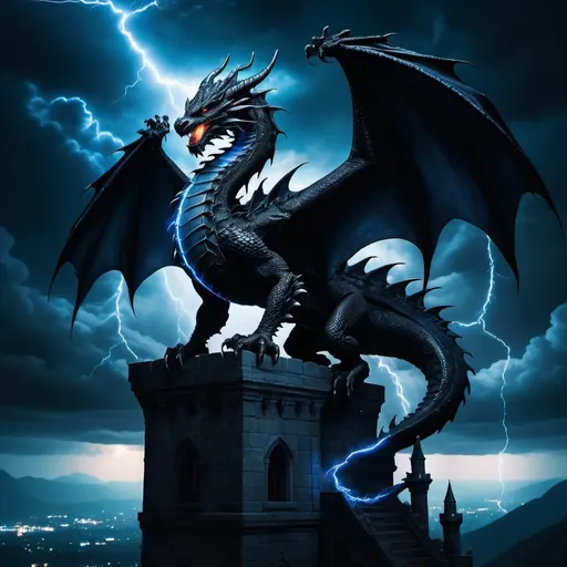 Prompt: A black dragon perched atop a tall and dark tower. A small dragon rider visible on it's back with accents of blue lightnight in the sky beyond.