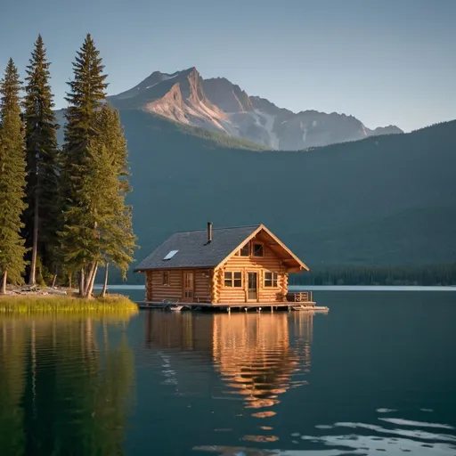 Prompt: A vast lake with trees and mountains in the background. In the center of the lake is a floating log cabin with 1 light on. The cabin is not attached to any land.