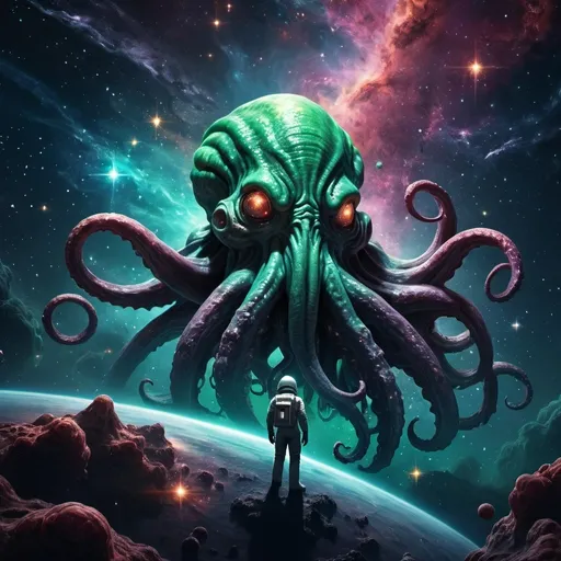 Prompt: Cthulhu filled with stars and space. In the vacuum of space a small astronaut discovers a massive celestial Cthlhu. 4k resolution. Abstract. Horror. Space. Void. Galaxies.