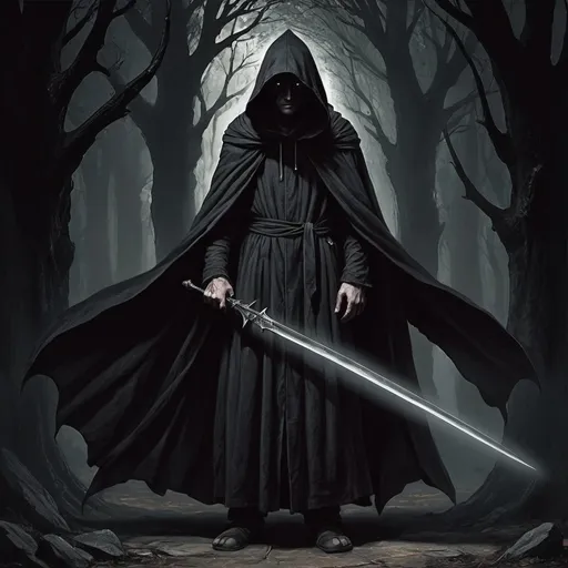 Prompt: Robed and hooded dark figure drawing a large blade. Tolkien, Dark fantasy, gothic.