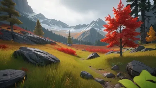 Prompt: A dence forest. Golden and red color leaves. Green grass. Gray rocky mountainous in the distance. high quality, unreal engine