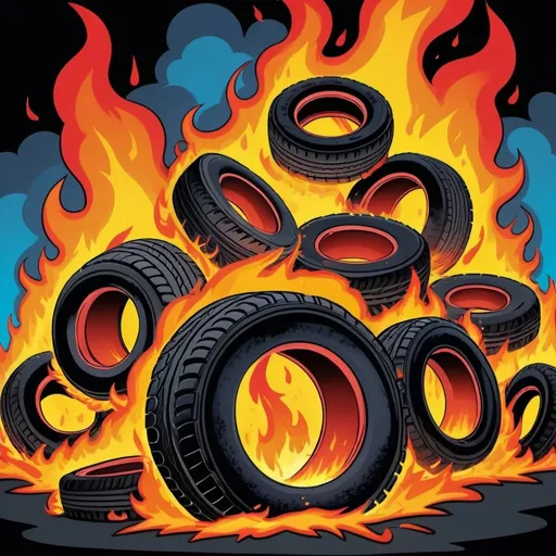 Prompt: Pill of tires on fire with smoke rising from the tires but make it look cartoonish
