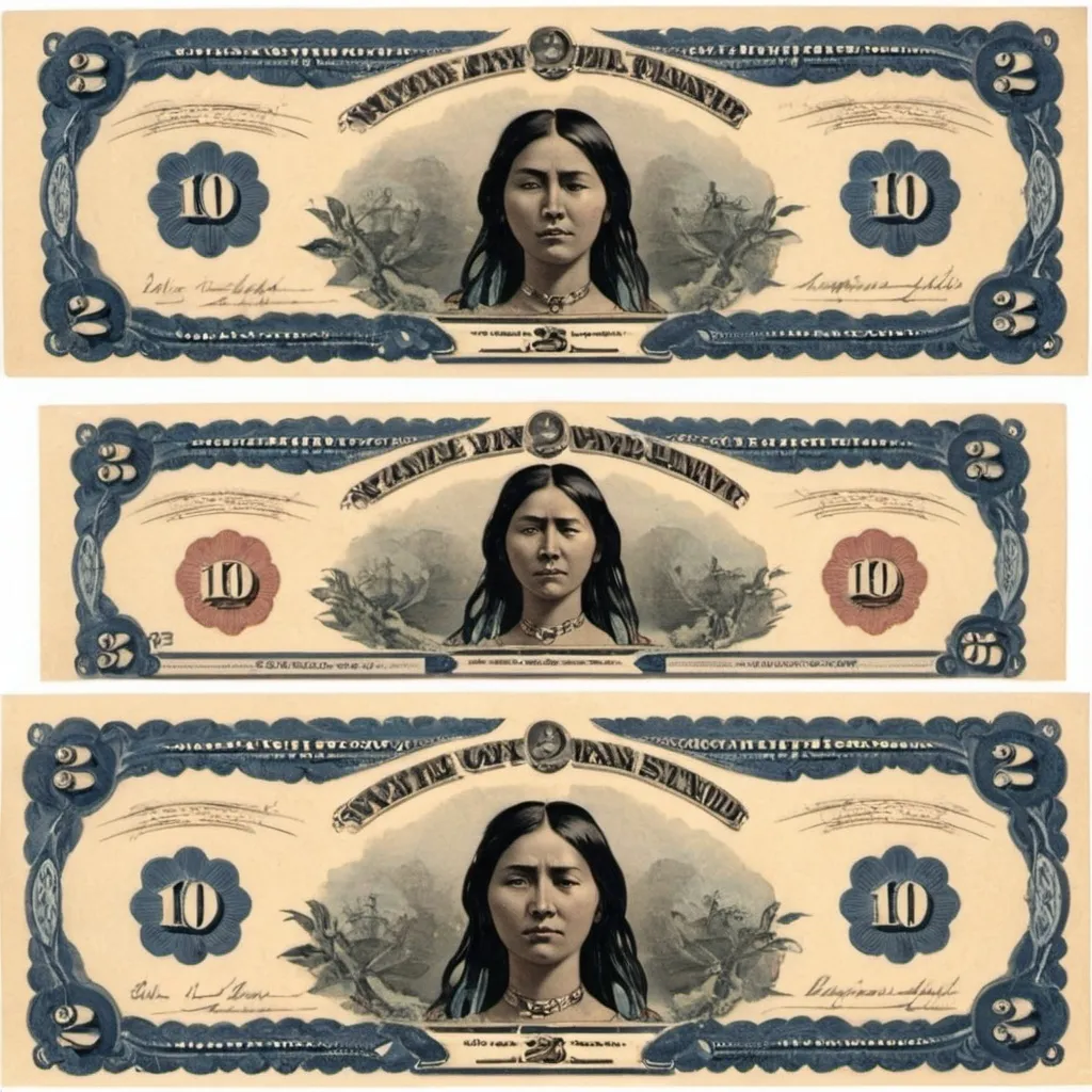 Prompt: a set of two bills with a taint woman on the front, aestheticism, native design 