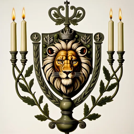 Prompt: Crest incorporating a male lion, seven candle menorah, dove, fire, and olive branch 