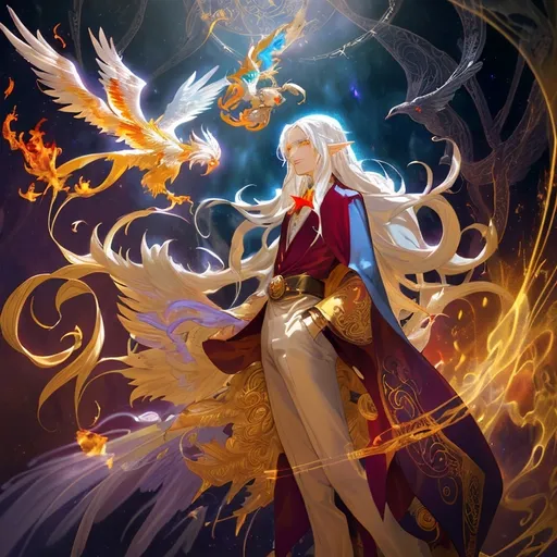 Prompt: Long white hair (youthful), young half-elf wizard, yellow amber eyes, stylish magical robe over red and blue tuxedo suit, pocket watch with a Phoenix insignia held near waist, enchanting ambiance, magical realm background, small fire Phoenix familiar hovering in the background, whimsical lighting, (highly detailed) 4K resolution, (fantasy theme), captivating colors, intricate textures.