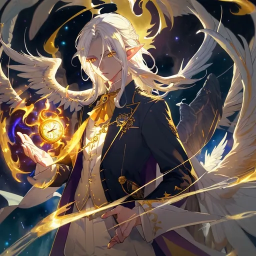 Prompt: Medium-long white hair (young adult male), half-elf time wizard, yellow amber eyes, stylish magical robe over a white blue tuxedo suit, pocket watch with a Phoenix insignia held near waist, enchanting ambiance, magical realm background, small fire Phoenix familiar hovering in the background, whimsical lighting, (highly detailed) 4K resolution, (fantasy theme), captivating colors, intricate textures.