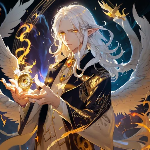 Prompt: Medium-long white hair (young adult male), half-elf time wizard, yellow amber eyes, stylish magical robe over a white blue tuxedo suit, pocket watch with a Phoenix insignia held near waist, enchanting ambiance, magical realm background, small fire Phoenix familiar hovering in the background, whimsical lighting, (highly detailed) 4K resolution, (fantasy theme), captivating colors, intricate textures.