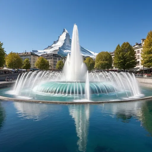 Prompt: créer un visuel avec le jet d'eau de Genève en premier plan et le Cervin en arrière plan sans jet d eau annexe autour du jet principal