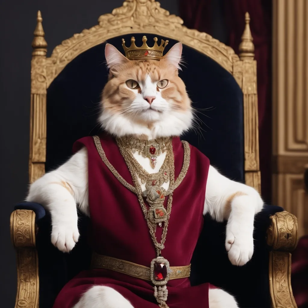 Prompt: A king cat with a crown on his head, a necklace is sitting in a king's chair