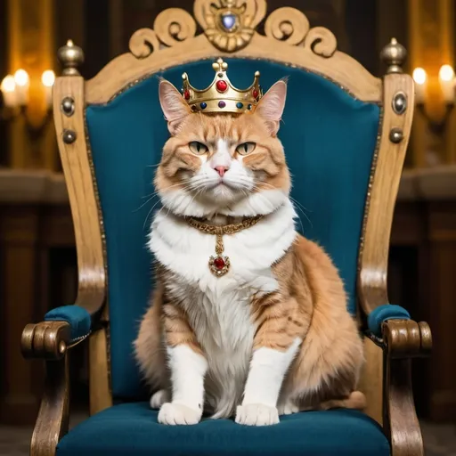 Prompt: A king cat with a crown on his head, a necklace is sitting in a king's chair