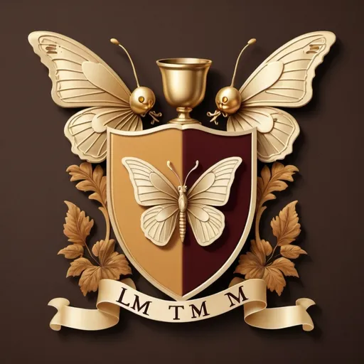 Prompt: Coat of arms divided into 4 with a book, pen, wine glass, and butterfly. Gold and brown with ribbon that says “LTM” 