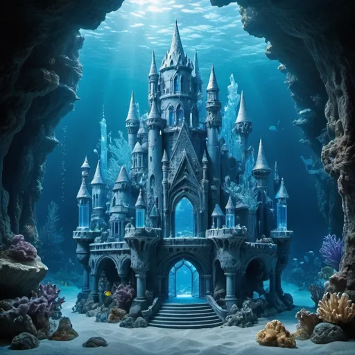 Prompt: Large blue crystal castle under the sea