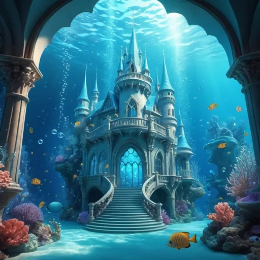 Prompt: Large light blue crystal fairytale castle under the sea