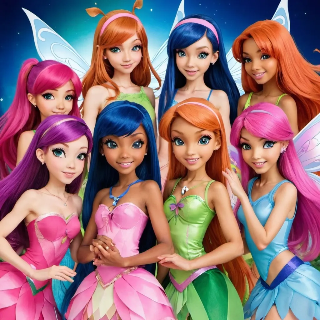 Prompt: Winx Club members, fairies Bloom, Stella, Musa, Flora, Tecna and Aisha