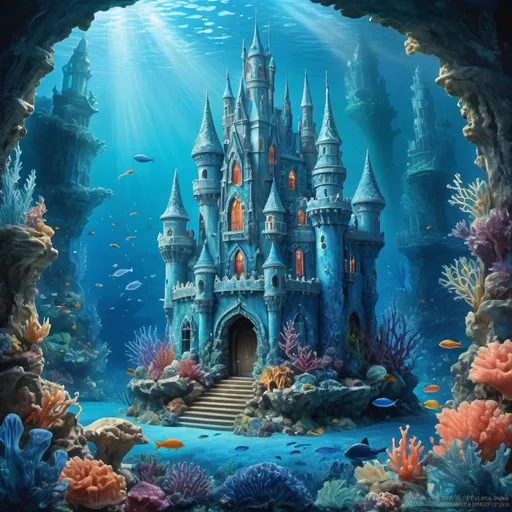 Prompt: Large blue crystal castle under the sea