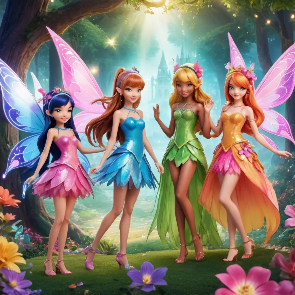 Prompt: Winx Club members, fairies Bloom, Stella, Musa, Flora, Tecna and Aisha