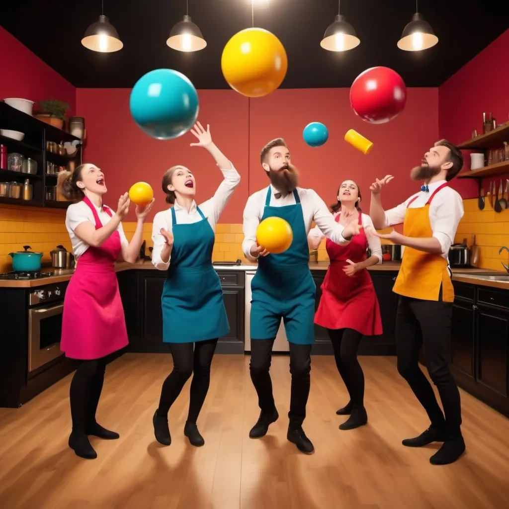 Prompt: a team of jugglers, four women and two men, one with a beard, tossing various kitchen objects between them