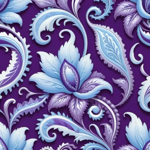 Prompt: create a seamless paisely design, vibrant, hyper realism,royal purple and light baby blue colors