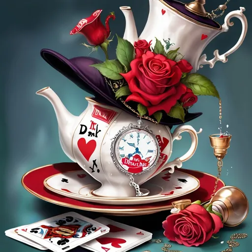 Prompt: Mad hatter's hat with a teapot on top of the hat pouring out playing cards to a teacup below, hat embellished with a pocket watch, red/white roses, a pocket watch and a bottle saying drink me