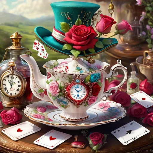 Prompt: Mad hatter's hat with a teapot on top pouring out playing cards to a teacup below, hat embellished with a pocket watch, red/white roses, a pocket watch and a bottle saying drink me