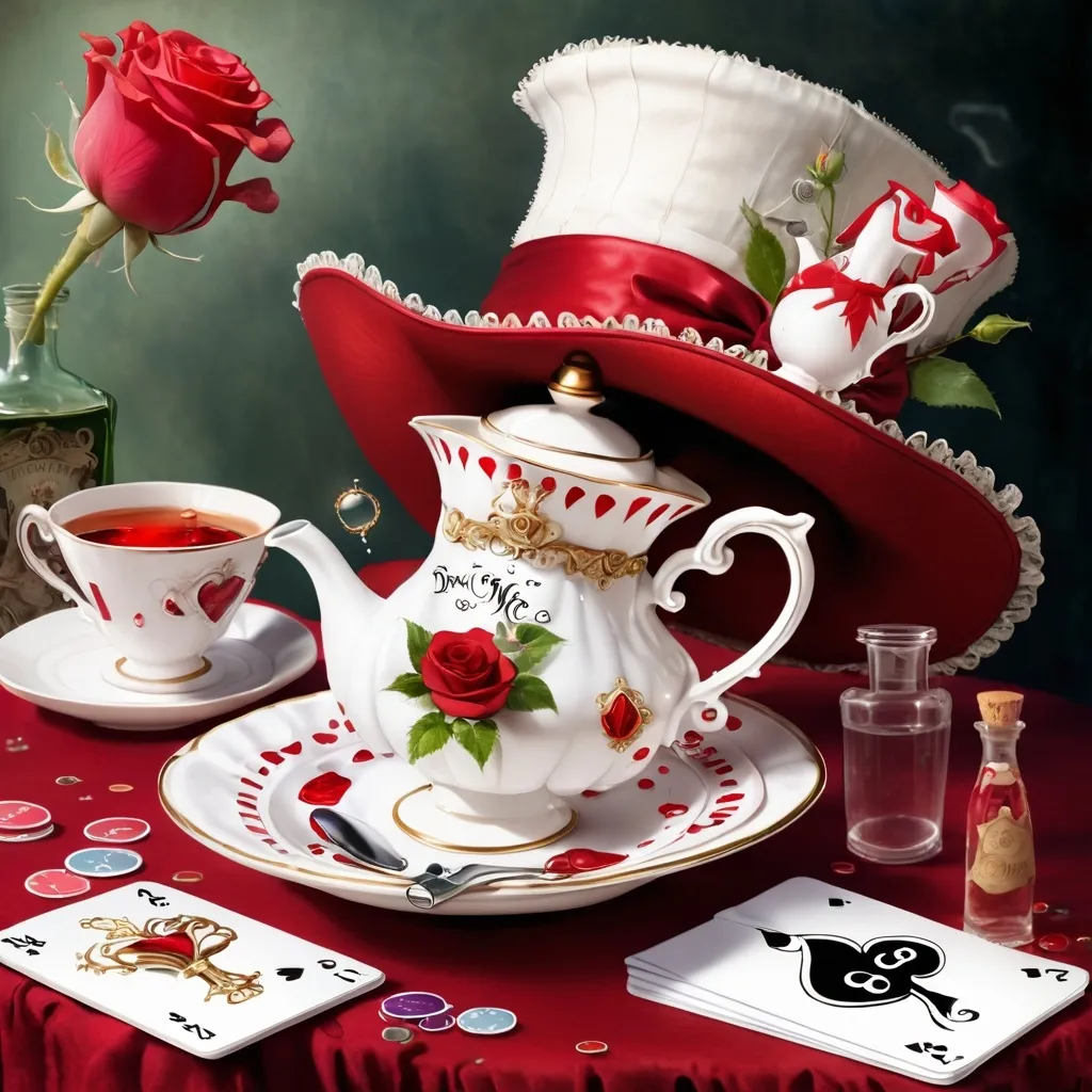 Prompt: Mad hatter's hat with a teapot on top pouring out playing cards to a teacup below, hat embellished with a pocket watch, red/white roses, a pocket watch and a bottle saying drink me