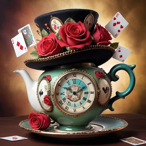 Prompt: Mad hatter's hat with a teapot on top pouring out playing cards to a teacup below, hat embellished with a pocket watch, red/white roses, a pocket watch and a bottle saying drink me