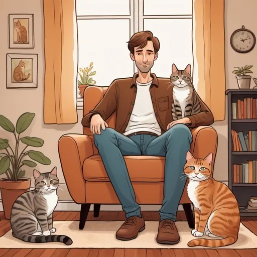 Prompt: Cartoon of a Tall man skinny black shirt brown hair sitting with two tabby cats 