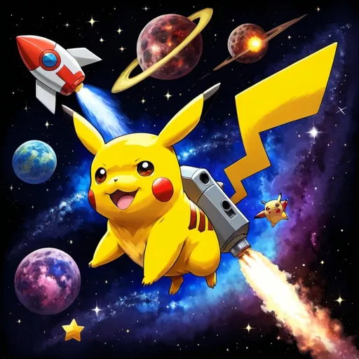 Prompt: Rocket, galaxy, comet, Pikachu
