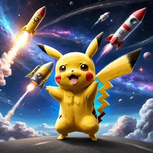 Prompt: Pikachu standing in amazement at a galaxy as a rocket flys by while come passes overhead. 

