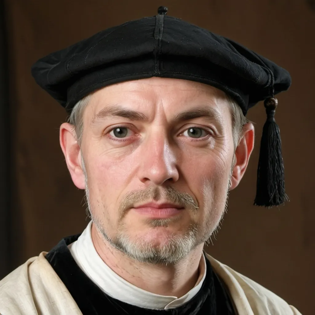 Prompt: A thin pale sick middle aged male 16th century scholar plain cap