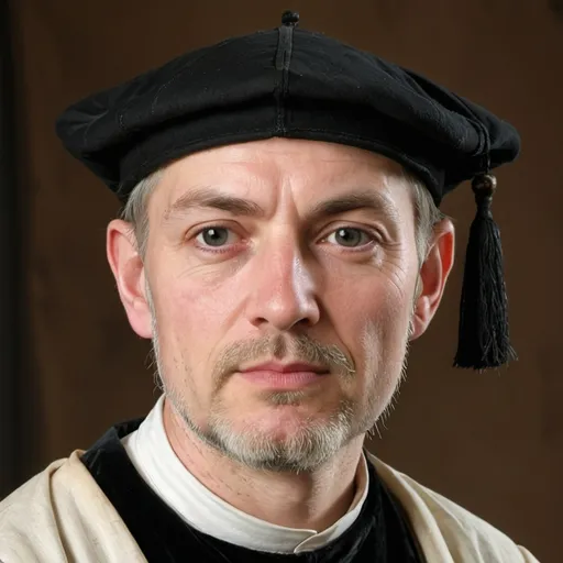 Prompt: A thin pale sick middle aged male 16th century scholar plain cap