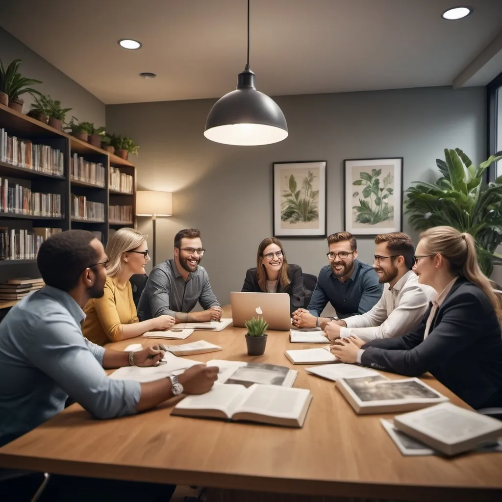 Prompt: (5 people) sitting around a (conference table) in an (office), engaged in lively discussion, expressions filled with enthusiasm, warm lighting, and a cozy atmosphere, with (modern office decor) in the background, showcasing (shelves with books), (plants), and (artworks), (ultra-detailed), (candid moments) captured in (photorealistic style).