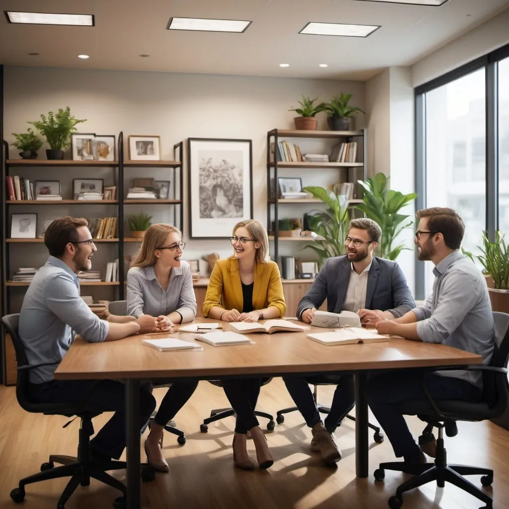 Prompt: (5 people) sitting around a (conference table) in an (office), engaged in lively discussion, expressions filled with enthusiasm, warm lighting, and a cozy atmosphere, with (modern office decor) in the background, showcasing (shelves with books), (plants), and (artworks), (ultra-detailed), (candid moments) captured in (photorealistic style).