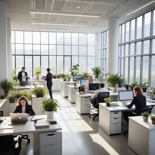 Prompt: five individuals working intently at separate desks in a modern office, (bright, open space), soft natural light streaming through large windows, minimalistic furniture, peaceful ambiance, each person focused on their tasks, professional attire, laptops and notepads scattered, vibrant indoor plants accentuating the environment, (ultra-detailed) in high definition.