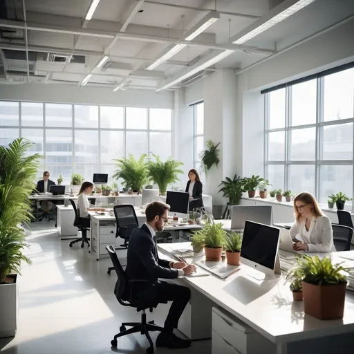 Prompt: five individuals working intently at separate desks in a modern office, (bright, open space), soft natural light streaming through large windows, minimalistic furniture, peaceful ambiance, each person focused on their tasks, professional attire, laptops and notepads scattered, vibrant indoor plants accentuating the environment, (ultra-detailed) in high definition.