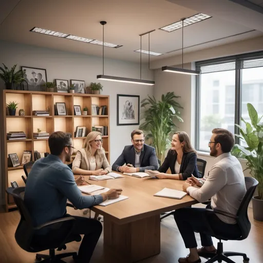 Prompt: (5 people) sitting around a (conference table) in an (office), engaged in lively discussion, expressions filled with enthusiasm, warm lighting, and a cozy atmosphere, with (modern office decor) in the background, showcasing (shelves with books), (plants), and (artworks), (ultra-detailed), (candid moments) captured in (photorealistic style).