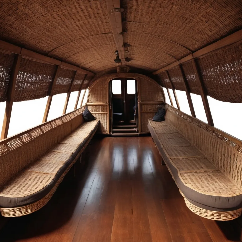 Prompt: Interior view of a wicker airship gondola 10 meters long and 5 meters wide. The gondola is closed. In the gondola, there are 12 people dressed in the style of the 17th century and the people are sitting on cushions. At the bottom of the gondola, there is a mechanic who takes care of the engine.