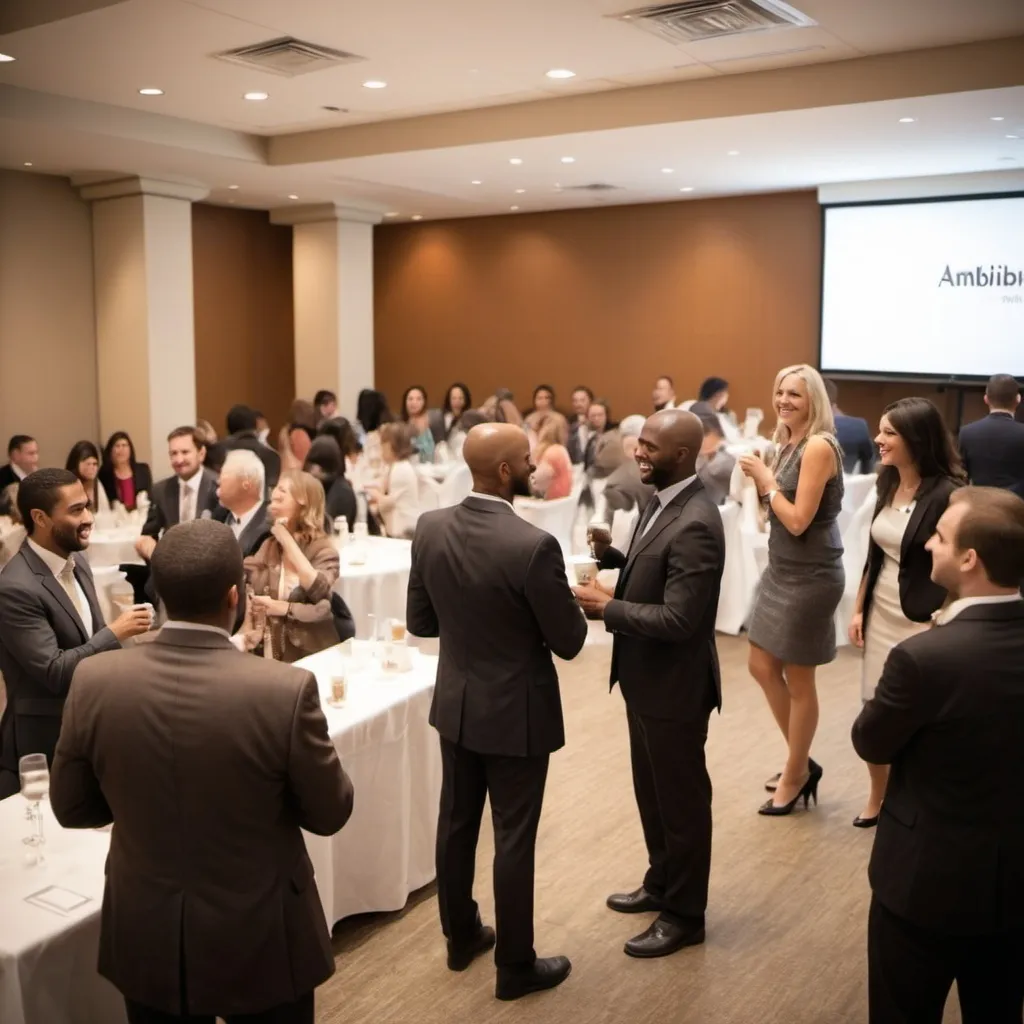 Prompt: - **Attendees**: A diverse group of employees, both men and women of various ethnicities, are mingling and chatting. They are dressed in smart business casual attire, with some wearing blazers and others in elegant dresses. Everyone is smiling and appears to be enjoying the event.
Coffee station



- **Ambiance**: The atmosphere is lively, with laughter and chatter in the air. small stage set up for speeches or presentations.

