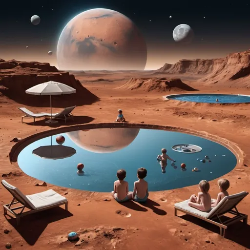 Prompt: The rise of Mars at the horizon of the moon. In front one can see one if the moon crater filled with water, like a pool with three sun lounges and parasols. Around the pool three children are playing. The water surface mirrors the mars.