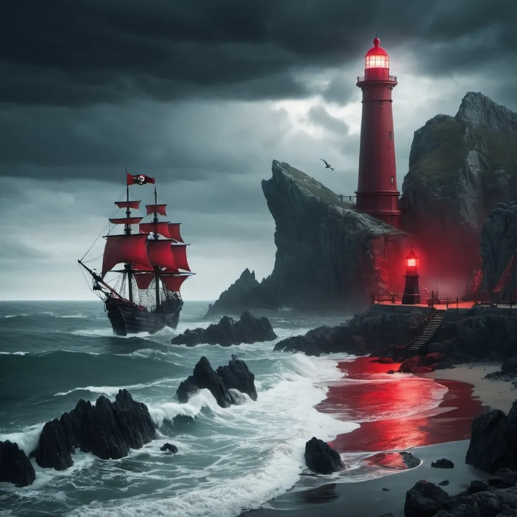 Prompt: A ominous sea cove with a lighthouse and pirate ship with red sails

