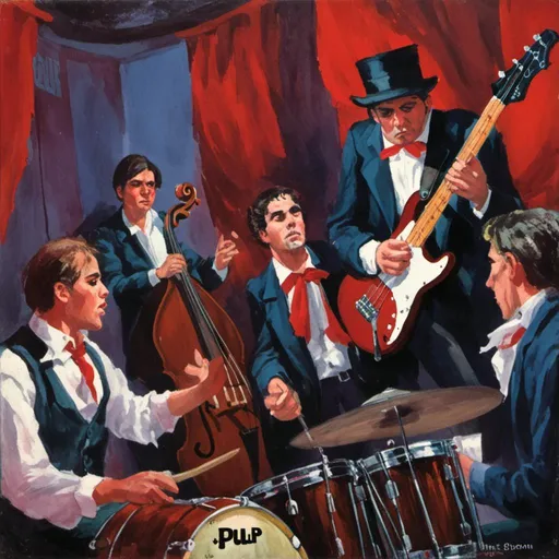 Prompt: <mymodel> The bass player looks harshly at the grandstanding drummer while the guitarists and vocalist lean into their groove, old timey clothing, pulp novel cover style