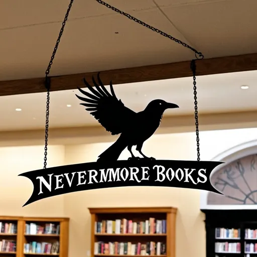 Prompt: Hanging sign for bookstore that says “Nevermore Books” and incorporates Raven