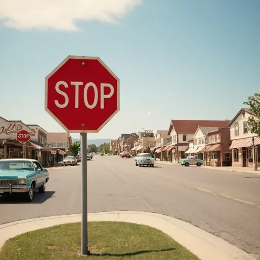 Prompt: a stop sign saying "retro town this way!"

