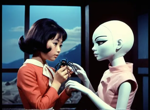 Prompt: THUNDERBIRDS-STYLE PUPPETS. Grainy, gritty, analogue, bold colour  image of a romantic, enigmatic scene from the 1960s Japanese colour tv show, "Hana and Maria" about Thunderbirds-style puppets, a pretty young lady falls in love with a large, cute jumping spider from outerspace, the characters are dressed in futuristic fashion. This is a moving scene, with deep emotions where the truth is threatening to reveal itself and the characters are extremely concerned. Outside the window a battle is taking place.