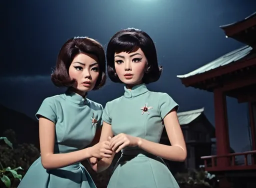 Prompt: In a lightning storm at night 
 THUNDERBIRDS-STYLE PUPPETS. Grainy, gritty, analogue, colour  image of a romantic, enigmatic scene from the 1960s Japanese colour tv show, "Hana and Maria" about Thunderbirds-style puppets, a pretty young lady falls in love with a jumping spider from outerspace, the characters are dressed in futuristic fashion. This is a scene where the truth is threatening to reveal itself and the characters are extremely concerned.